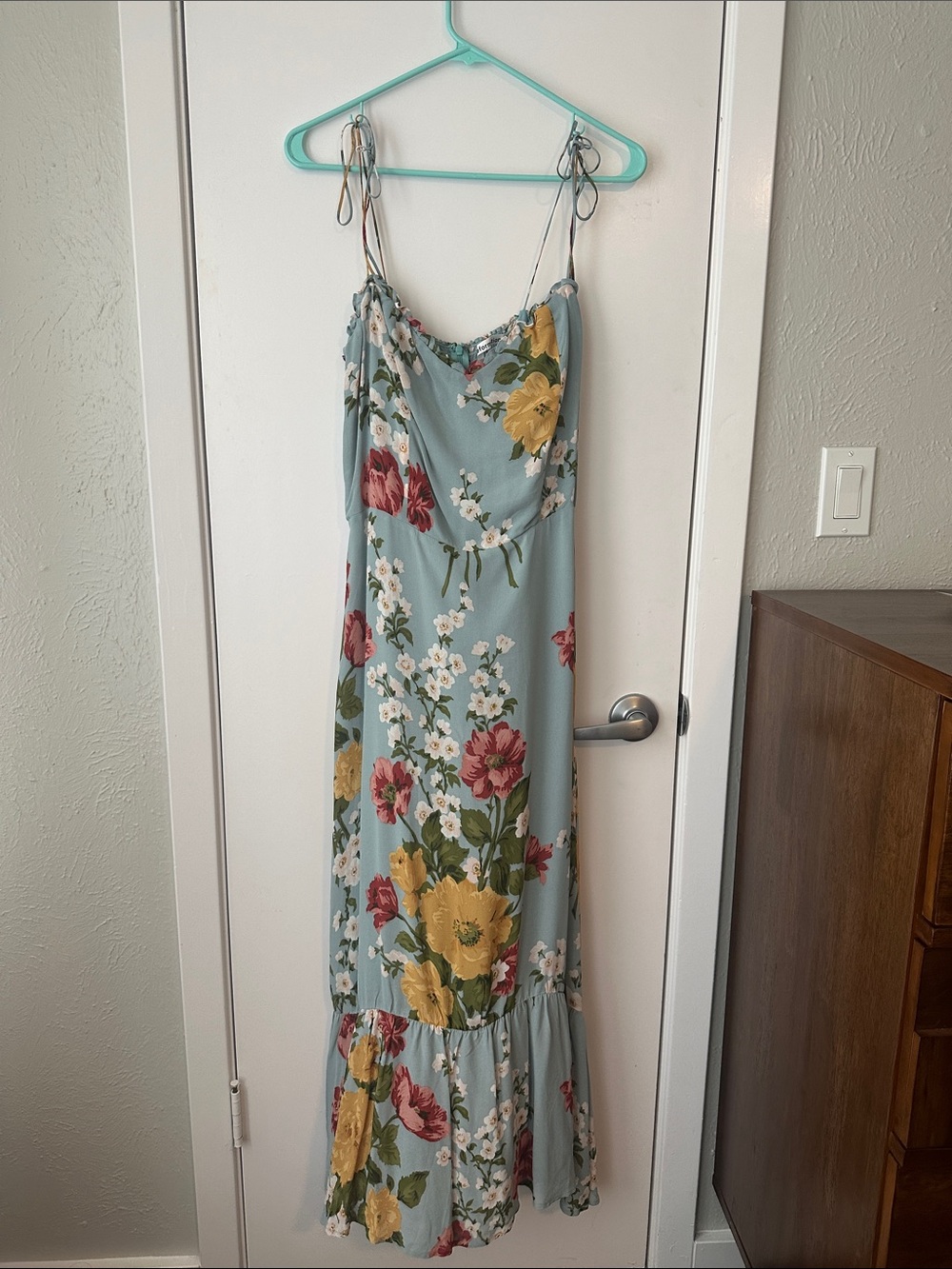 Reformation Blue Floral Midi Dress with Yellow and Pink Blooms